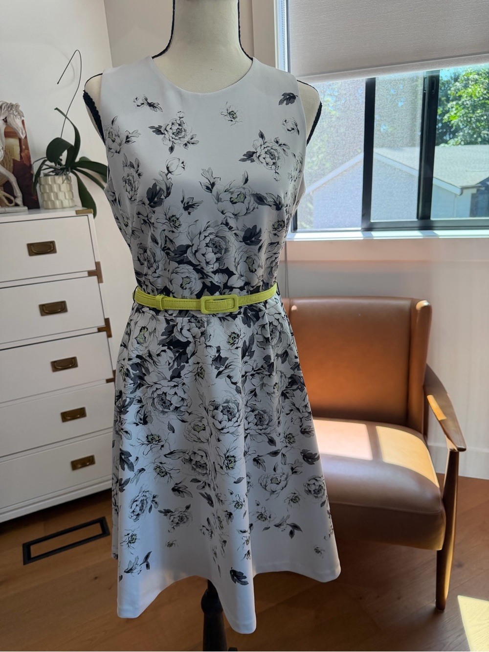 White House Black Market White Floral A-Line Dress with Yellow Belt